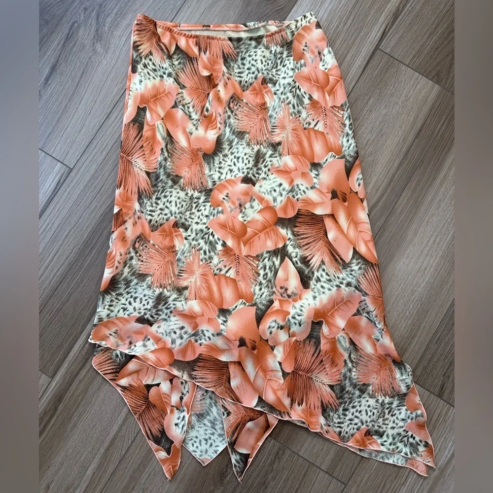 Vintage Flowy Cheetah Tropical Leaf Print Skirt Orange Cream Black - Picture 3 of 10
